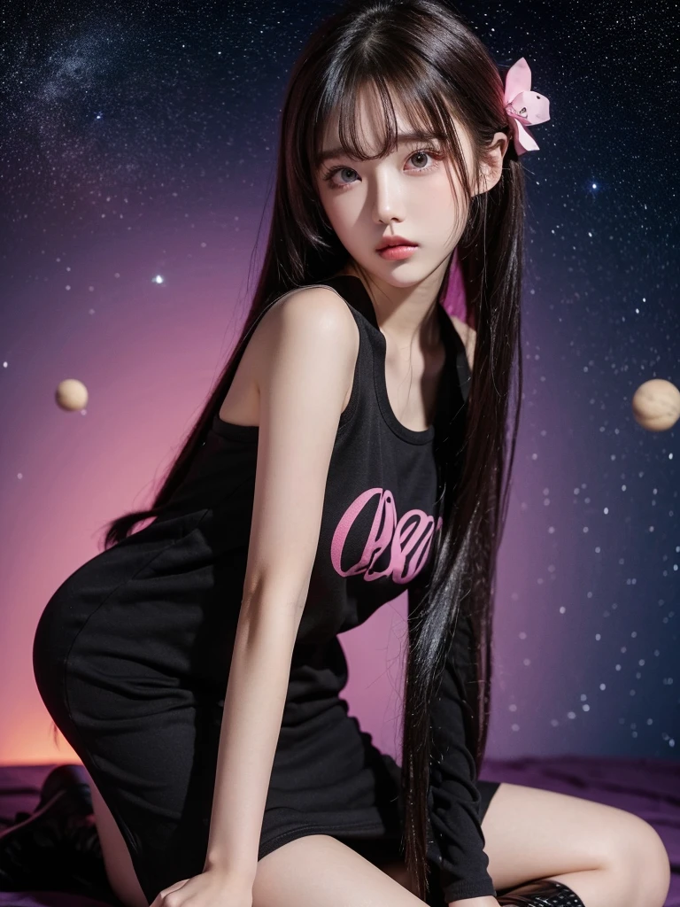 Beautiful woman wearing a dark and pink Wearing  clothes mini dress with decorations on the shirt and visible shoulders and wearing boots and being photographed with a Outer space   background And is on the planet  ,Korean style swag, beautiful face so gorgeous, Beautiful eyes, y2k style