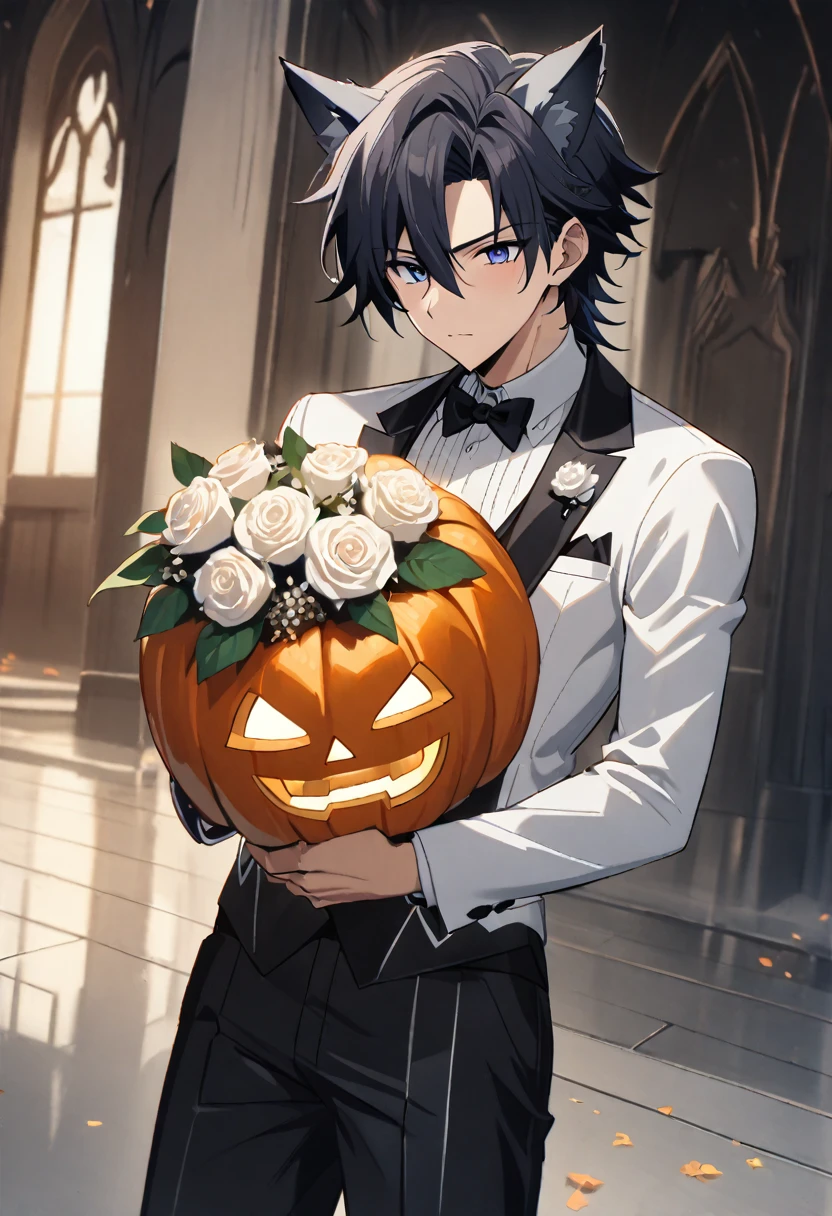 1boy, 25 years old refresh handsome holy knight man,manga,wolf ear headband, wearning tuxedo jacket only and swim wear only,having Halloween pumpkin and wedding bouquet Halloween and dark wedding chapel, middle muscler, knight is fall into darkness, japan anime style, masterpiece, best quality, very aesthetic, absurdres