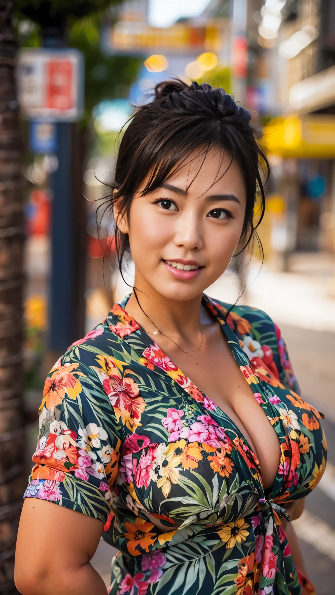 A super beautiful half-Japanese woman with huge breasts, wearing an open-necked aloha shirt that shows off her deep cleavage and erect nipples, and a slim body with a great figure. She works as a tourist guide on the streets of Hawaii. Her skin is tanned brown.