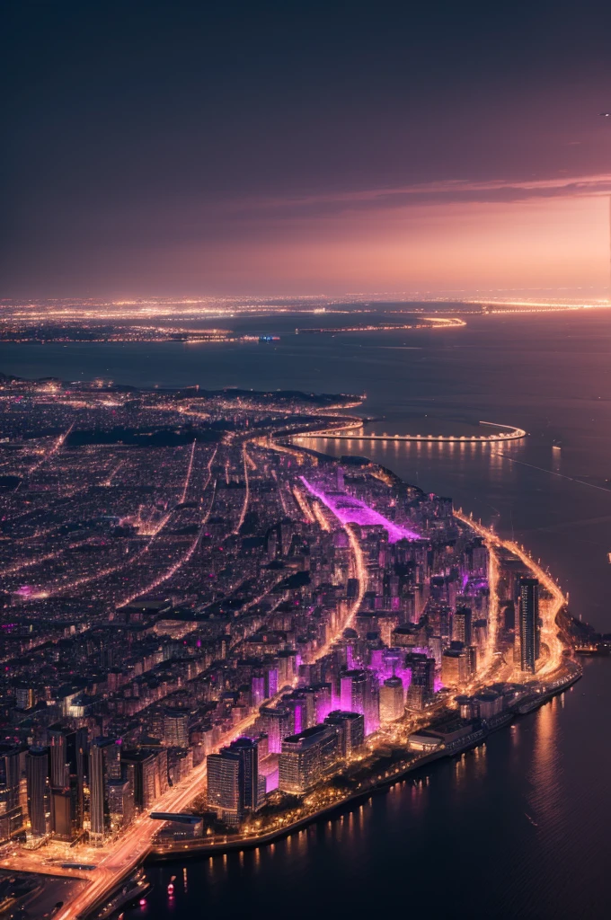 a photo of a city with a lot of builds in the night with pink lights