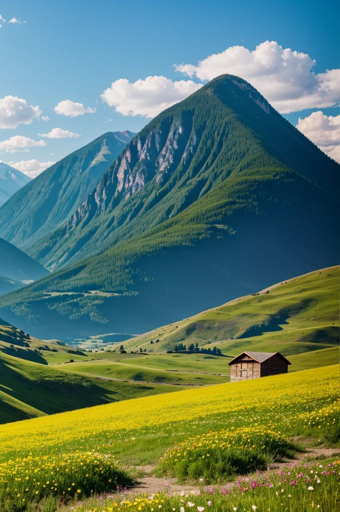 Create a horizontal image of a landscape with mountains grasslands , flowers and with a hamburger standing and happy saying how delicious it is about to begin