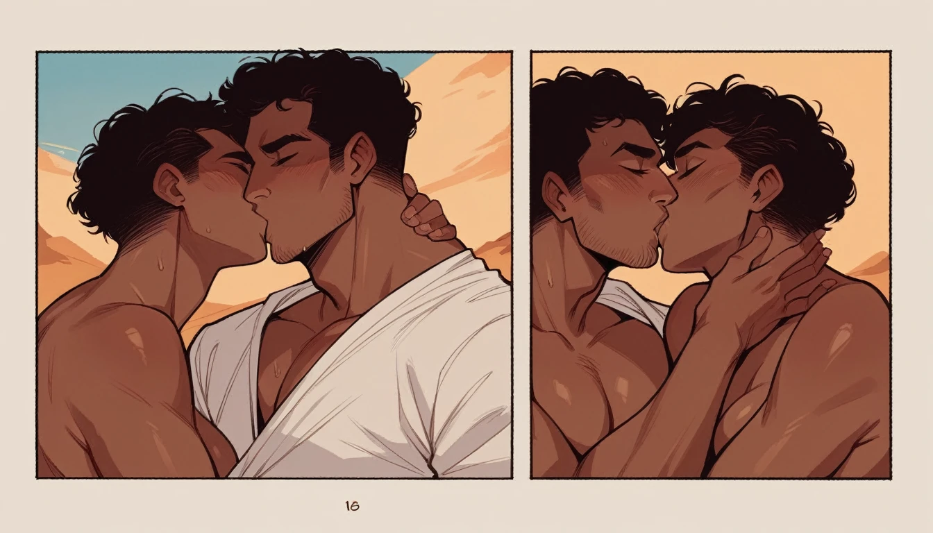 rating_explicit, naked, source_comic, Ian Somerhalder, shirtless, kissing a african woman, white shirt, dreads hair, huging, in desert