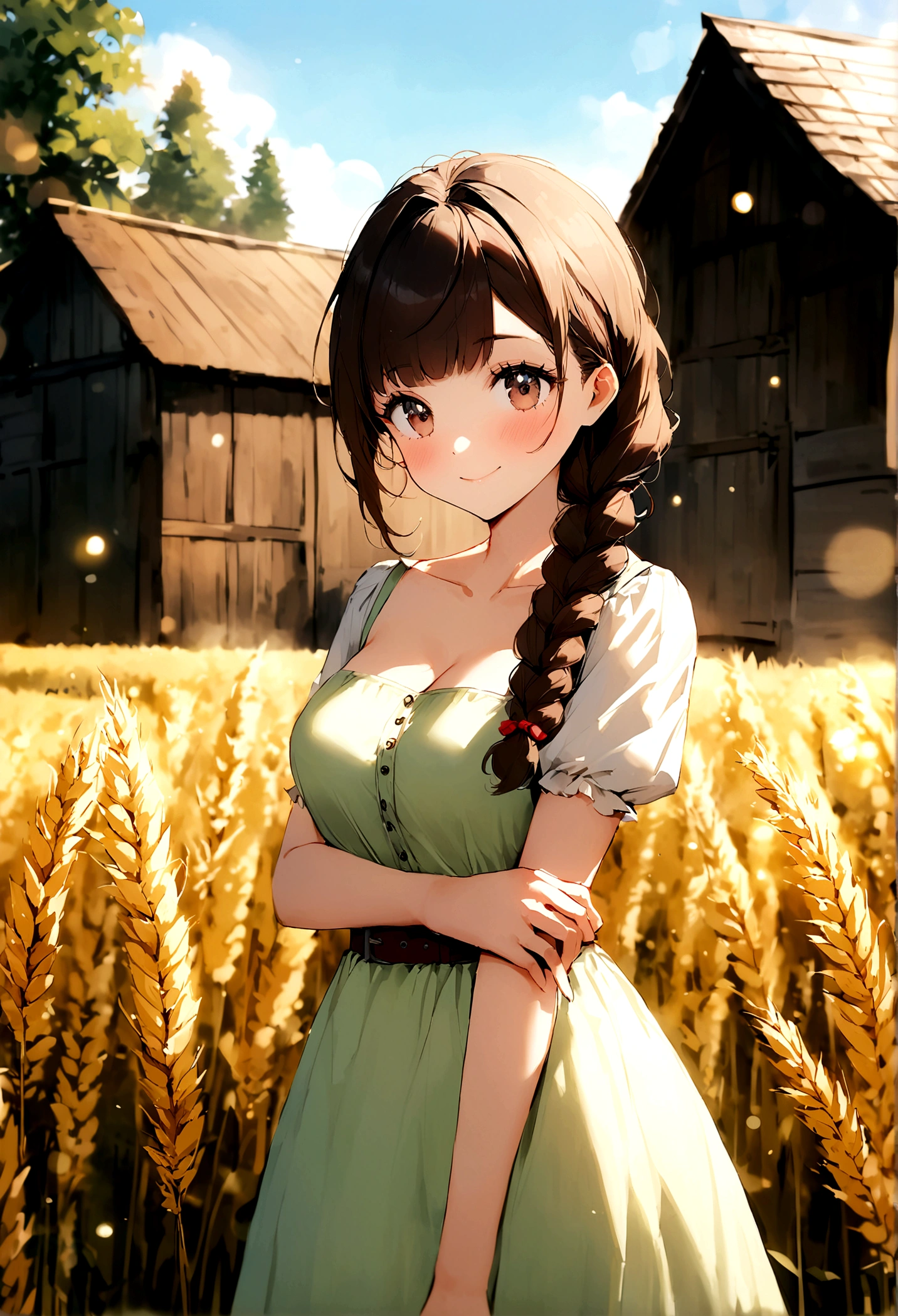 Hitomi Tanaka, 20 years old, tall and attractive, wearing a cute country body tape outfit, hair braided, standing in a rustic farm setting. She has a soft, gentle smile and expressive eyes. In the background are charming barns, golden wheat fields and clear blue skies. The composition should be bathed in warm golden hour light, with soft depth of field and soft bokeh to accentuate the idyllic tranquility. Capture images as if they were shot on vintage 35mm film for added oomph, filmg,