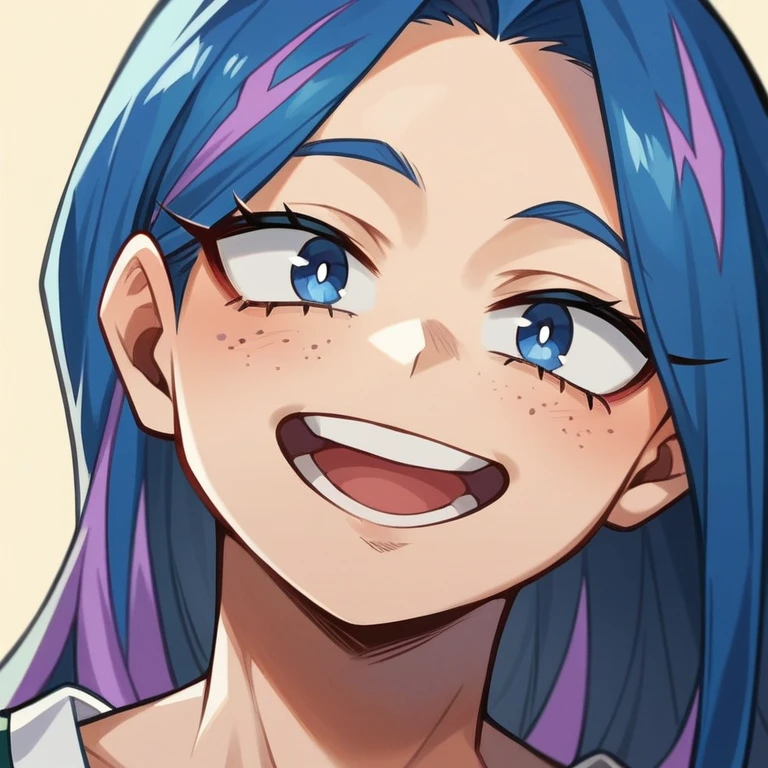 Screenshot of My Hero Academia, a girl with , long blue hair almost black with purple highlights, with sapphire blue eyes and purple shadow with a tender look with purple freckles and happy wearing the boku no hero academia UA style