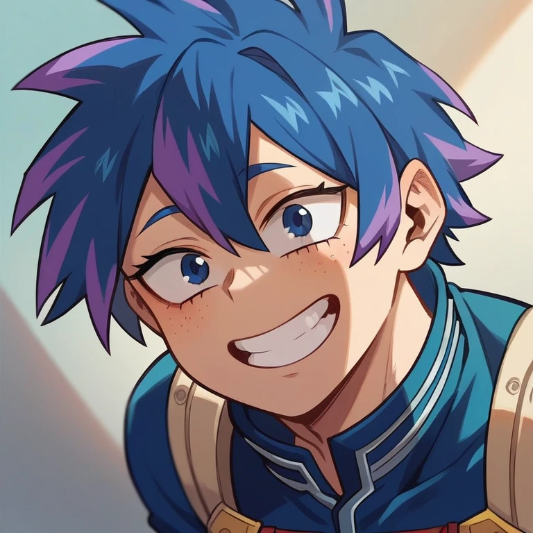 Screenshot of My Hero Academia, a girl with , long blue hair almost black with purple highlights, with sapphire blue eyes and purple shadow with a tender look with purple freckles and happy wearing the boku no hero academia UA style