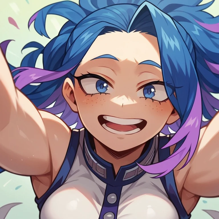 Screenshot of My Hero Academia, a girl with , long blue hair almost black with purple highlights, with sapphire blue eyes and purple shadow with a tender look with purple freckles and happy wearing the boku no hero academia UA style