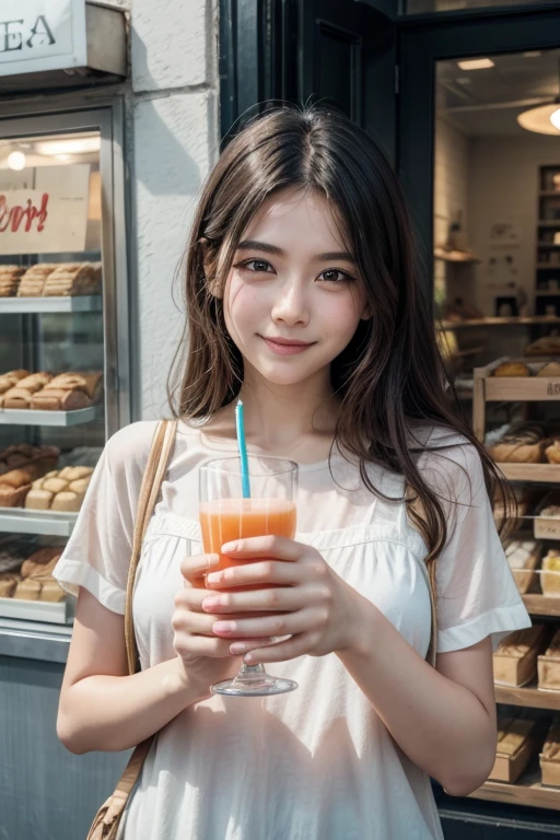 Woman pointing at a bakery with a hopeful expression, holding a glass of juice.