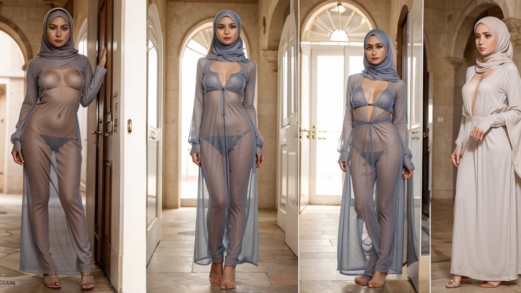 Perfect eyes and face, normal limbs, a 23 years old hijab lady, smokey eyes make-up, loose hijab, very thight gamis, transparent gamis, pokies, niples cutout, small sagging breast, prefect body type, elegant temprament, warm ambient light, full body pose, arrogant face, glowing skin, tan skin, realistic human