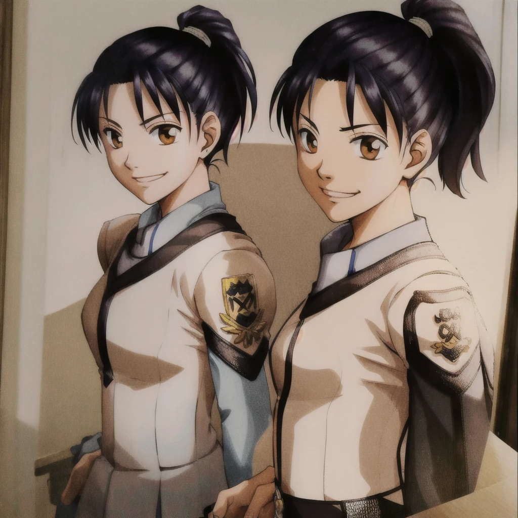 MaiShibamura,
ponytail,
uniform,
smile,