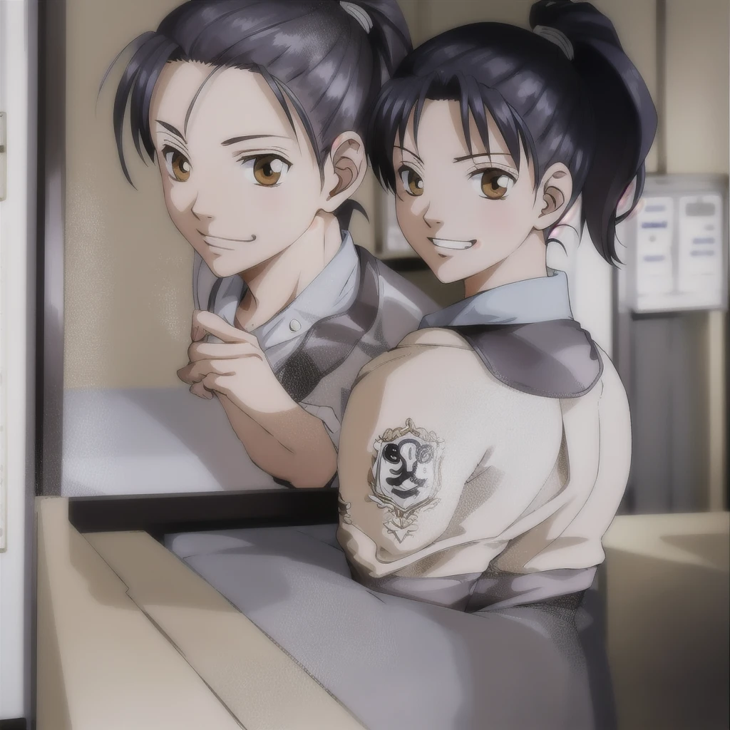 MaiShibamura,
ponytail,
uniform,
smile,