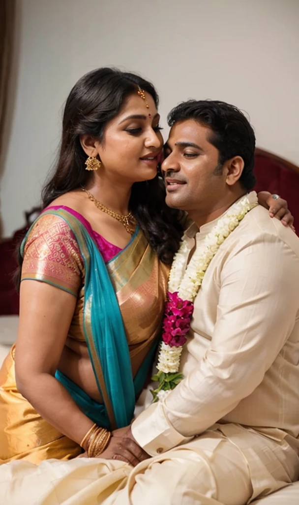 A radiant, full-figured South Indian 45 year old bride ( surrounded by a group of men)wearing a transparent cream colour silky saree standing in a living room, , captured in a full-body image with vibrant hues and meticulous details. Full body image