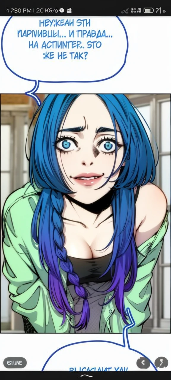 Anime, young woman, blue hair, blue eyes, black top, White jacket, blue jeans, White Sneakers, big breasts, Big hips