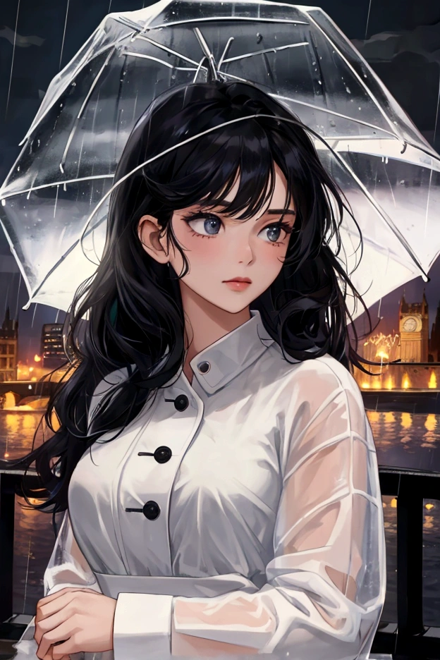 4K, 8K, masterpiece, Highest quality, Upper Body, One girl,city, night,rain,london, black hair,