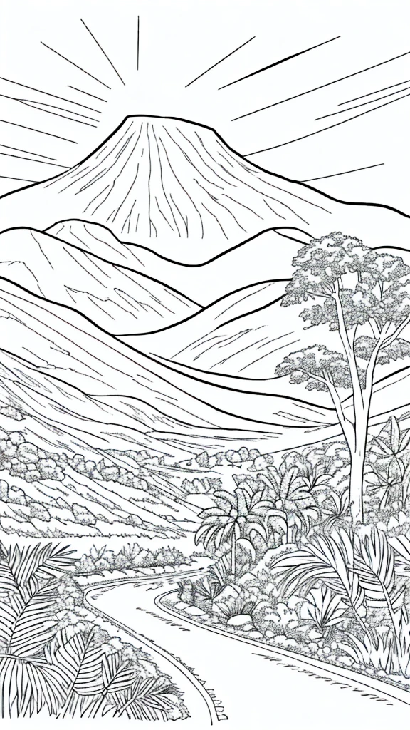 draw coloring book pages in black and white and color, jurassic dinosaurs, simple line, illustration, ink drawing, very visible thick outlines, clean lines, line art, clipart. Dinosaurs run in herds. In the background - mountains, jungle and ocean