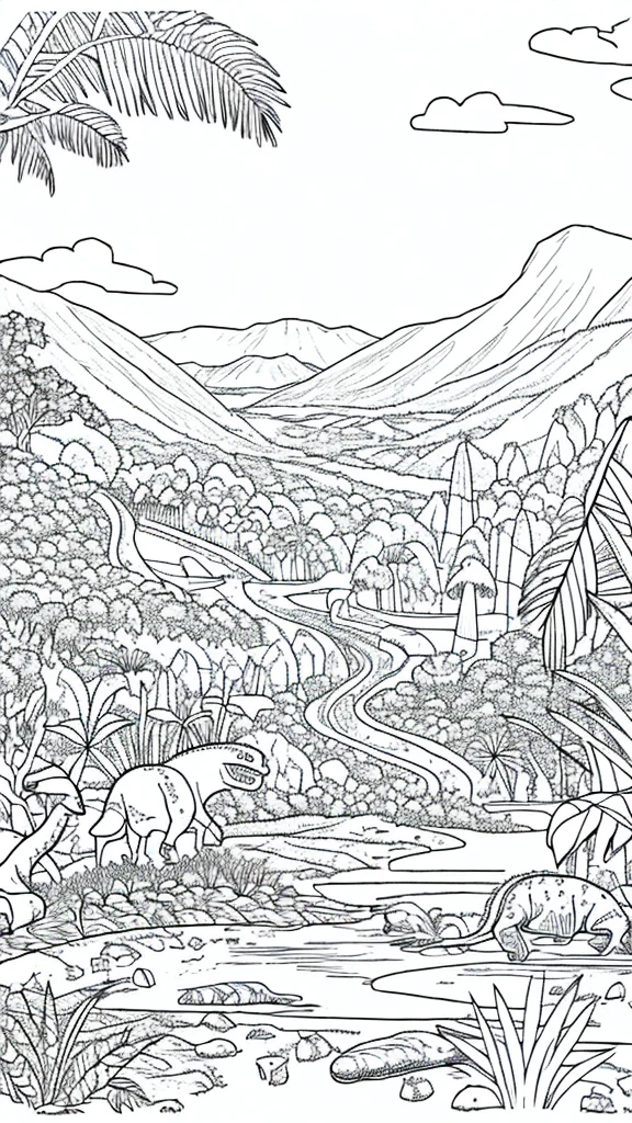 draw coloring book pages in black and white and color, jurassic dinosaurs, simple line, illustration, ink drawing, very visible thick outlines, clean lines, line art, clipart. Dinosaurs run in herds. In the background - mountains, jungle and ocean