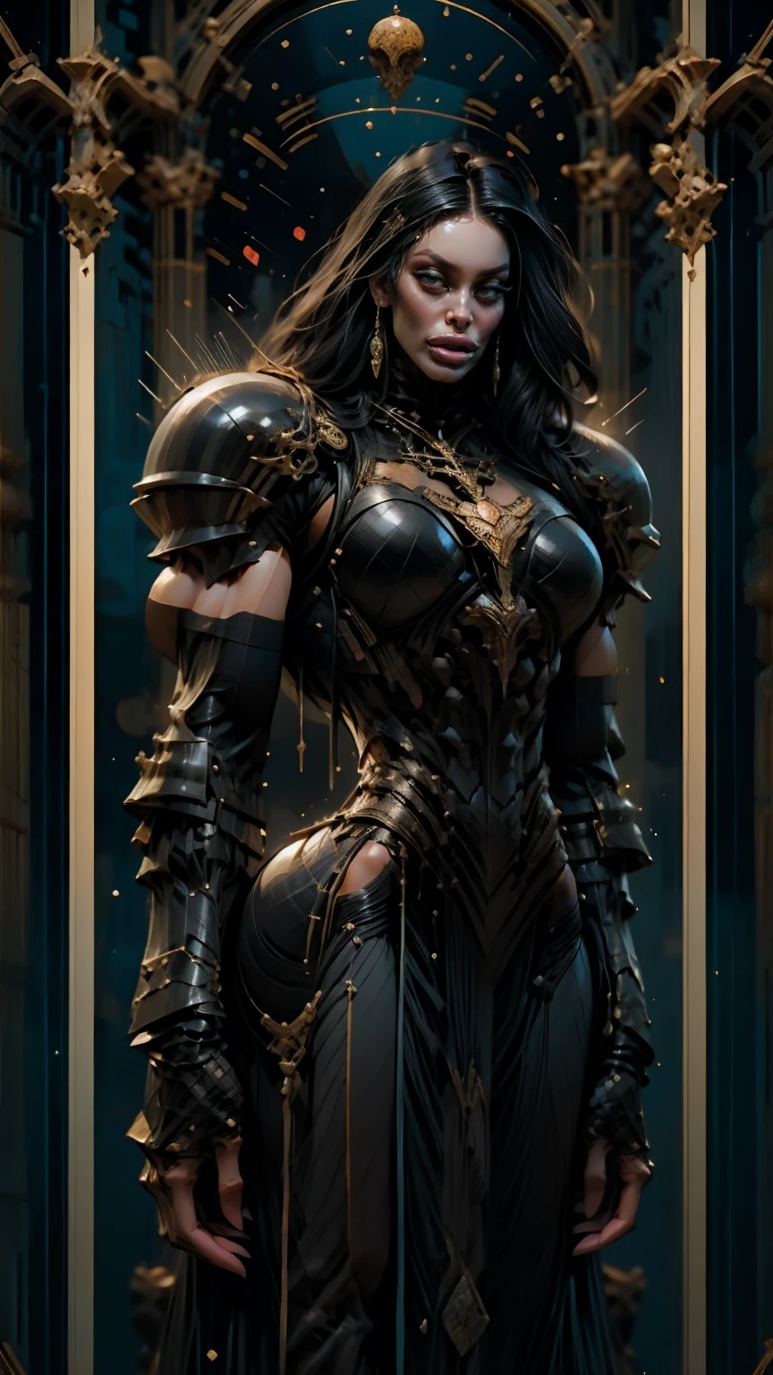 (masterpiece:1.1), (best quality:1.1), (ornate:1.1), (monochrome:1.3), (black and white:1.3), BREAK, (horror:1.0), (esoteric:1.1), (megan fox), (very muscular bodybuilder girl:1.25), (huge upper body:1.25), (narrow hips:1.25), long hair, (gothic intricate vampiric armor:1.25), (full body front view:1.0), (gauntlets:1.0), (shoulder armor:1.1), (tarot style frame:1.0)