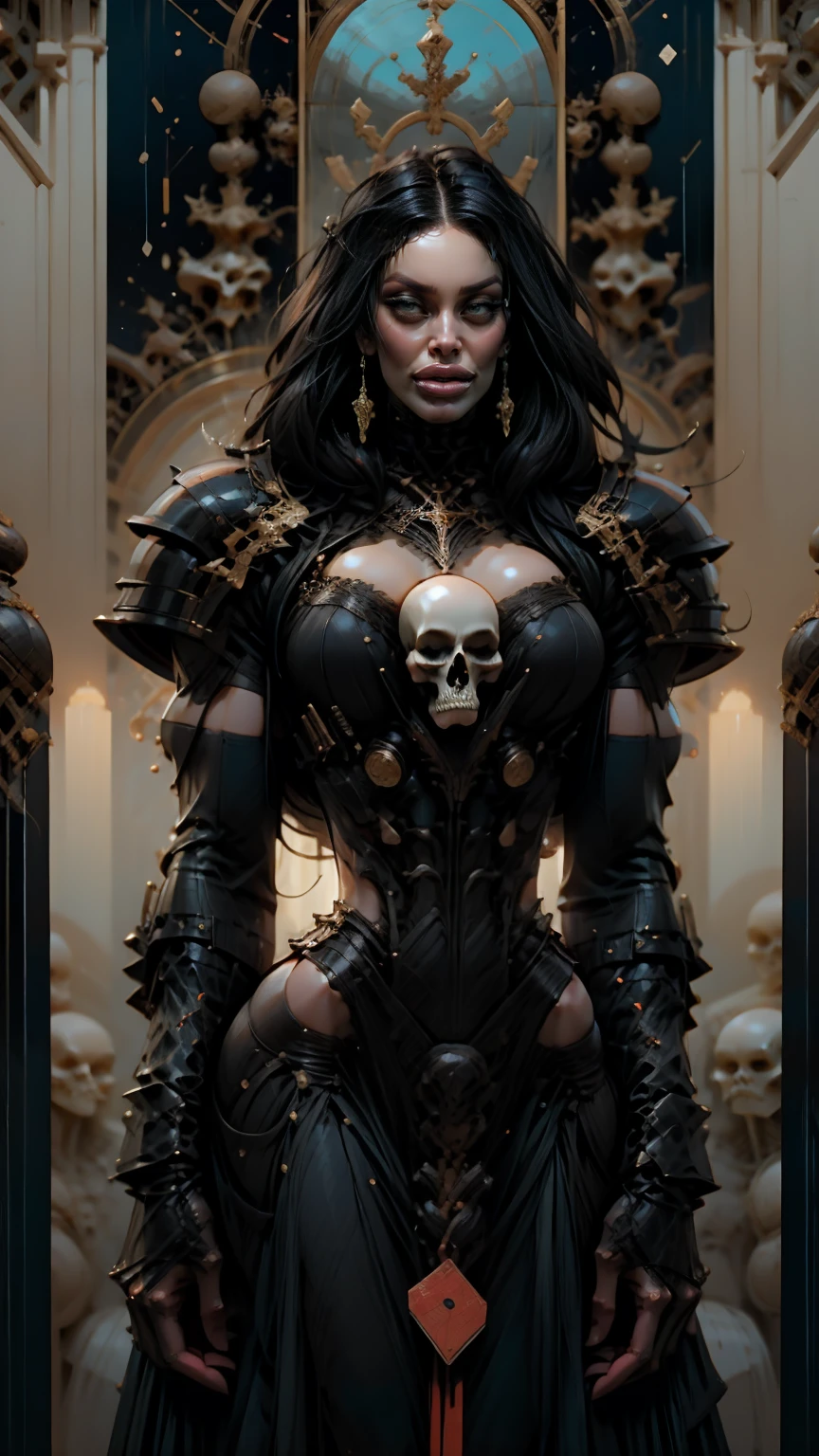 (masterpiece:1.1), (best quality:1.1), (ornate:1.1), (monochrome:1.3), (black and white:1.3), BREAK, (horror:1.0), (esoteric:1.1), (megan fox), (very muscular bodybuilder girl:1.25), (huge upper body:1.25), (narrow hips:1.25), long hair, (gothic intricate vampiric armor:1.25), (full body front view:1.0), (gauntlets:1.0), (shoulder armor:1.1), (tarot style frame:1.0)