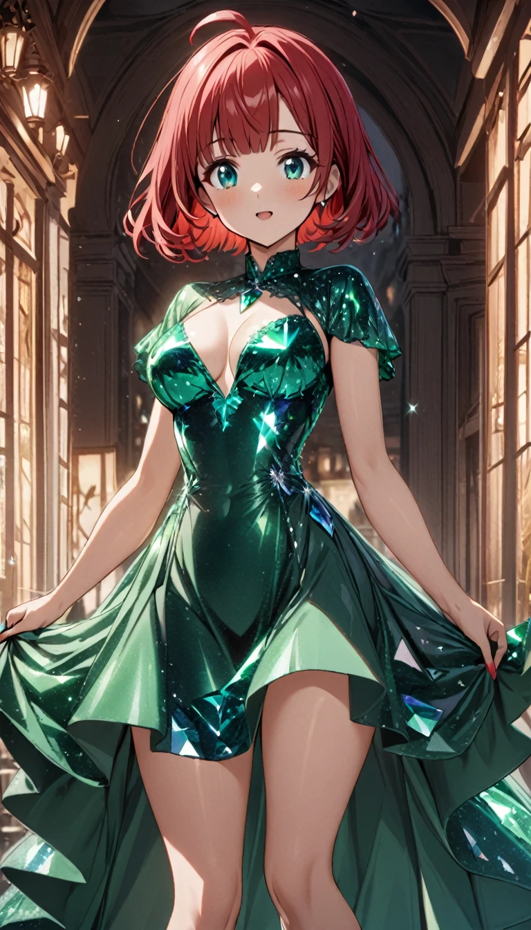 1girl,rubyred hair,bowlcut hair,half circle ahoge,blue green eyes,tareme,medium breasts,emeraldgreen crystalline dress,cowboy shot,