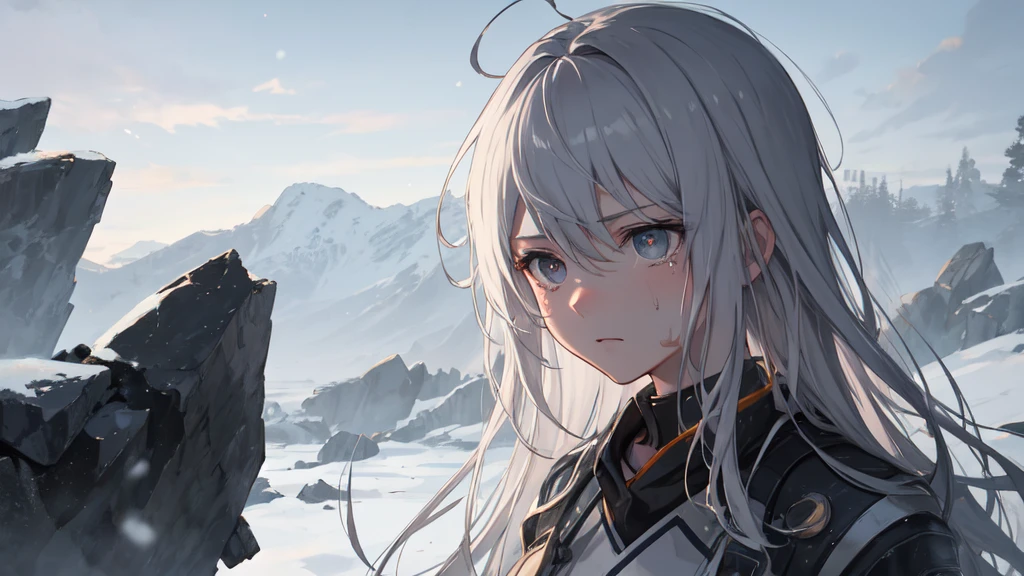 masterpiece:1.2), best quality , 独奏 ,pixiv, anime girl ，long straight white hair , black eyes ,Wearing off-white camouflage uniform ,ten years old，modern battlefield，(Eyes looking into the distance:1.3)，(look away:1.5)，snowy weather，dirty face，The background is a sea of fire with blood on the forehead，dirty face，Backlight，Bare rocky peaks ,Fierce flames are burning，The expression is sad，bullets flying，leave tears