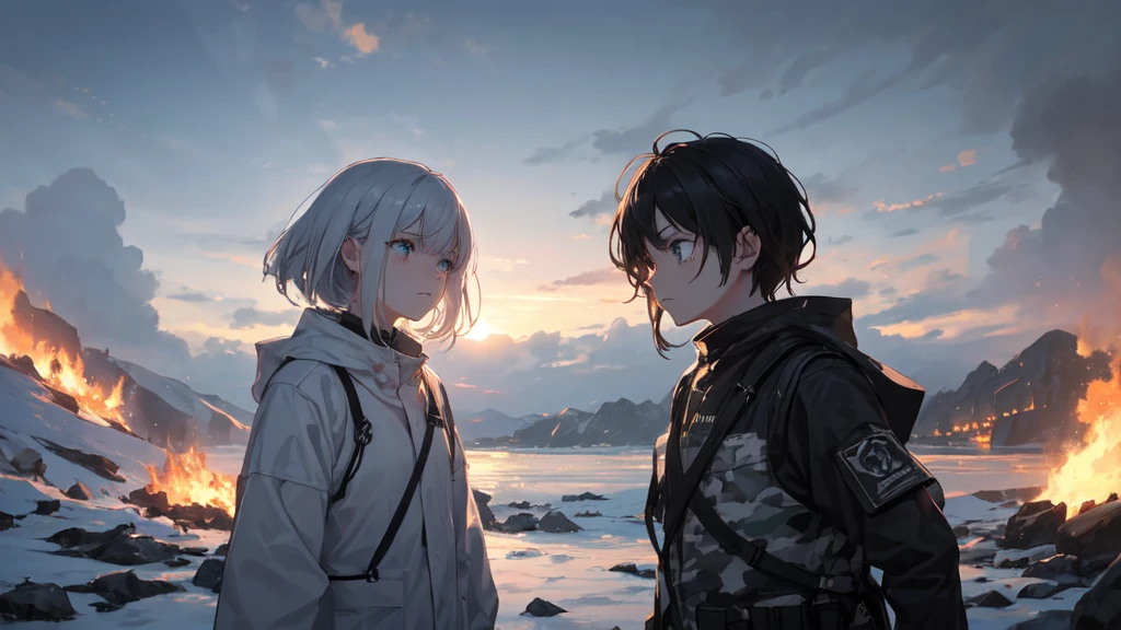 masterpiece:1.2), best quality , 独奏 ,pixiv, anime girl ,long straight white hair , black eyes ,Wearing off-white camouflage uniform ,ten years old,modern battlefield,(Eyes looking into the distance:1.3),(look away:1.5),snowy weather,dirty face,The background is a sea of fire with blood on the forehead,dirty face,Backlight,Bare rocky peaks ,Fierce flames are burning,The expression is sad,bullets flying,leave tears