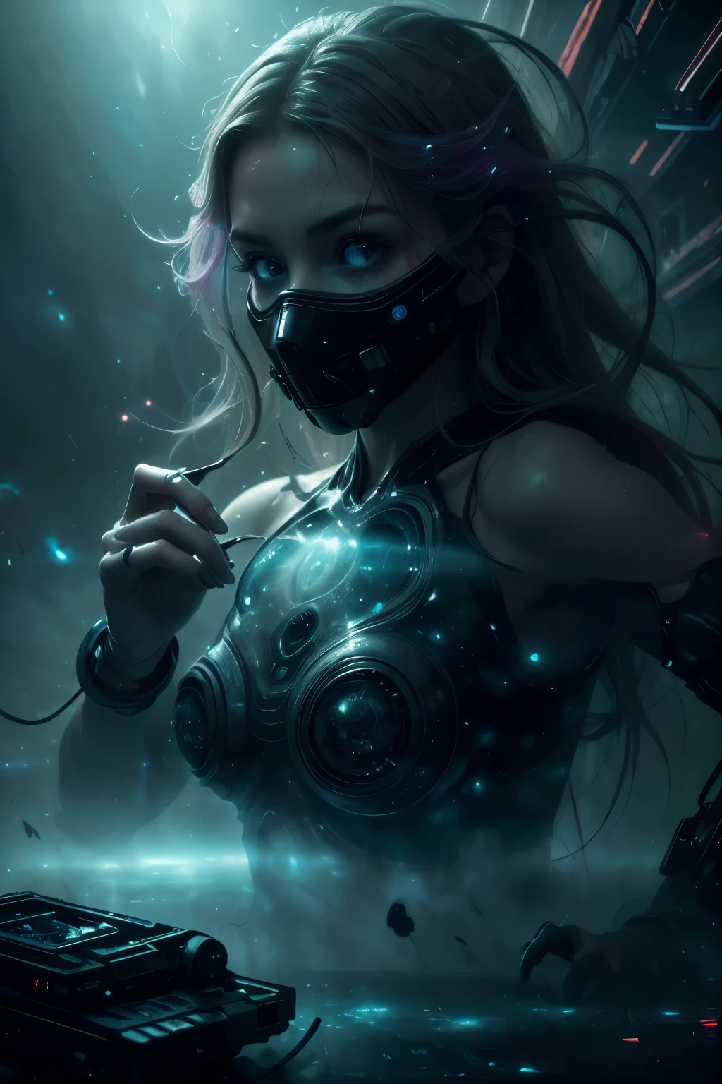 (best qualityer,highres),(Realistic:1.37),(conceptual artwork),(portraits),(Mysterious transparent creature with red blood being observed by scientists wearing masks in laboratory),(circunstanciado,Scientific laboratory),(Special Containment Unit),(Advanced Search Center),(intense focus),(Ablaze,clinical lighting),(glass tanks),(scientific instruments),(Biochemical analysis),(Experiences),(exposing metamaterial properties),(surprising visual impact),(hauntingly beautiful),(ethereal atmosphere),(subtle glow),(submerged in fluid),(unearthly,unearthly:1.1),(Enigmatic,puzzling:1.2),(chic,graceful movements),(curious scientists),(meticulous documentation),(captivating,unpredictable),(Discovering the unknown),(infinite possibilities),(intense curiosity),(Wh ite) Cyberpunk style