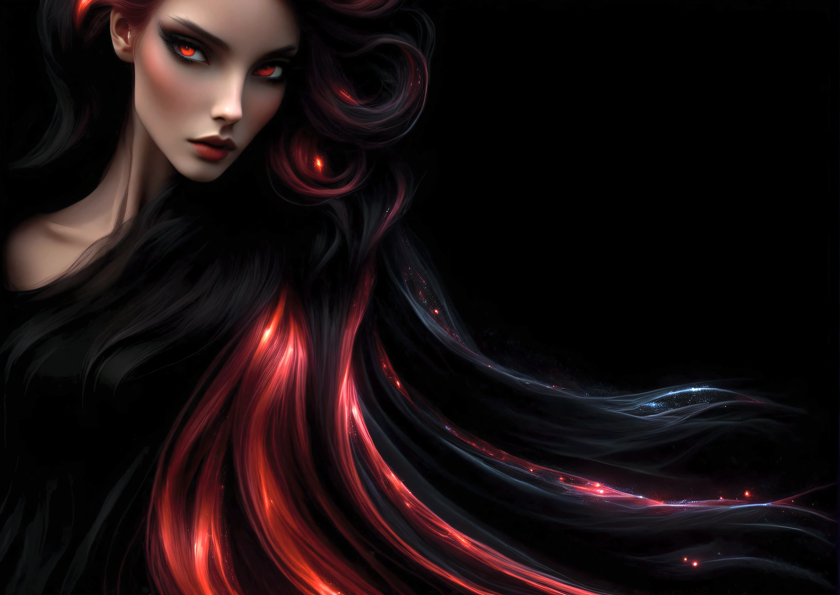 a close up of a woman with long hair and a black background, sultry digital painting, glossy digital painting, epic 3 d abstract emo girl, black and red hair, style digital painting, glowing flowing hair, red glowing hair, very long black/red hair, flowing black hair, black red long hair!, swirling black hair, gorgeous digital painting, black dynamic hair