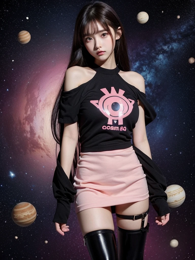 Beautiful woman wearing a dark and pink Wearing clothes mini dress with decorations on the shirt and visible shoulders and wearing boots and being photographed with a Outer space background And is on the planet ,Korean style swag, beautiful face so gorgeous, Beautiful eyes, y2k style
