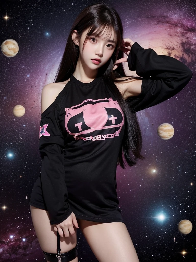 Beautiful woman wearing a dark and pink Wearing clothes mini dress with decorations on the shirt and visible shoulders and wearing boots and being photographed with a Outer space background And is on the planet ,Korean style swag, beautiful face so gorgeous, Beautiful eyes, y2k style