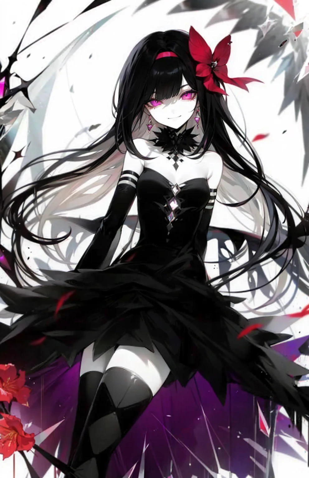 paleskin,Pink pupils,Long flowing black hair,Red bow,amaryllis,Evil smile,The background is a black shade,Crystal earrings on the ears,Raven feather pants