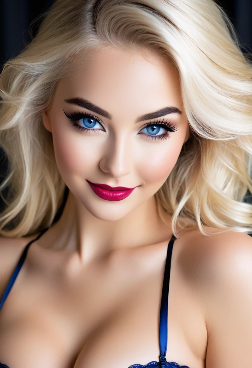 Create an image of the most stunningly gorgeous beautiful perfect  youthful woman, absolutely gorgeous face, long luscious eyelashes, black eyeliner, curved eyebrows, perfect makeup, lipstick, perfect complexion, beautiful silky smooth skin, long luscious platinum blonde hair, detailed sapphire eyes, beautiful hour glass body figure, smiling,   strapless ,