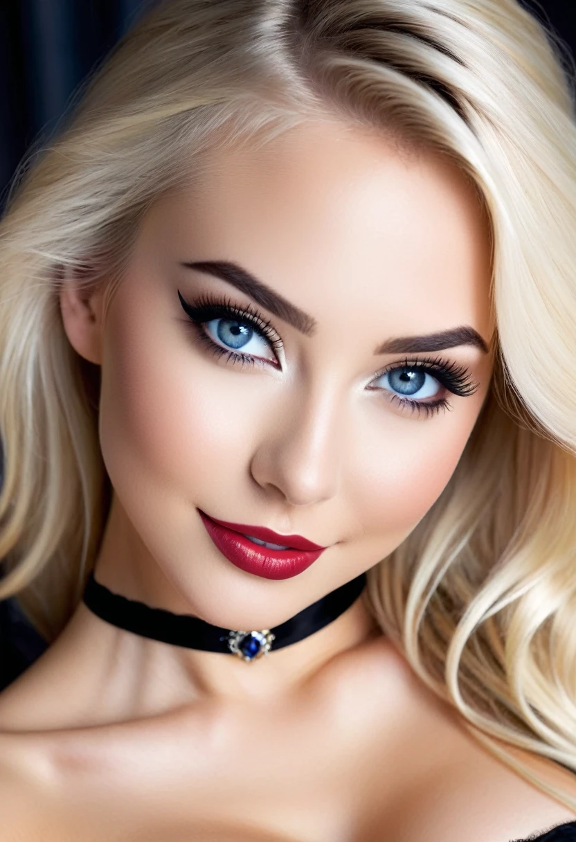 Create an image of the most stunningly gorgeous beautiful perfect sexy youthful woman, absolutely gorgeous face, long luscious eyelashes, black eyeliner, curved eyebrows, perfect makeup, lipstick, perfect complexion, beautiful silky smooth skin, long luscious platinum blonde hair, detailed sapphire eyes, beautiful hour glass body figure, smiling, sexy bondage strapless lingerie,