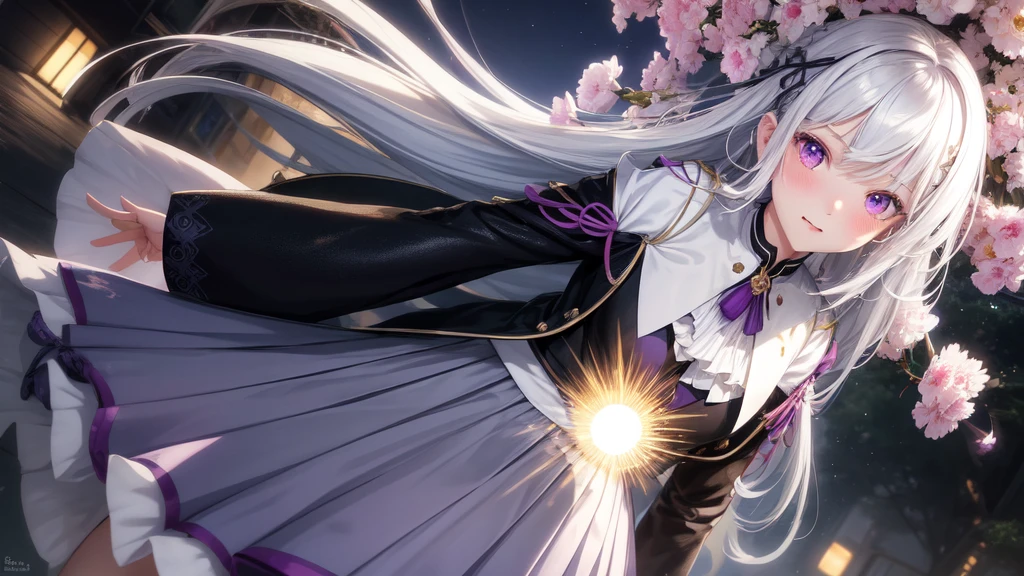 Practical, 1 Girl, White hair, Purple Eyes, Glowing eyes, Top of crop, skirt, Open your mouth, blush, night, Flowers, sun, sunlight,
