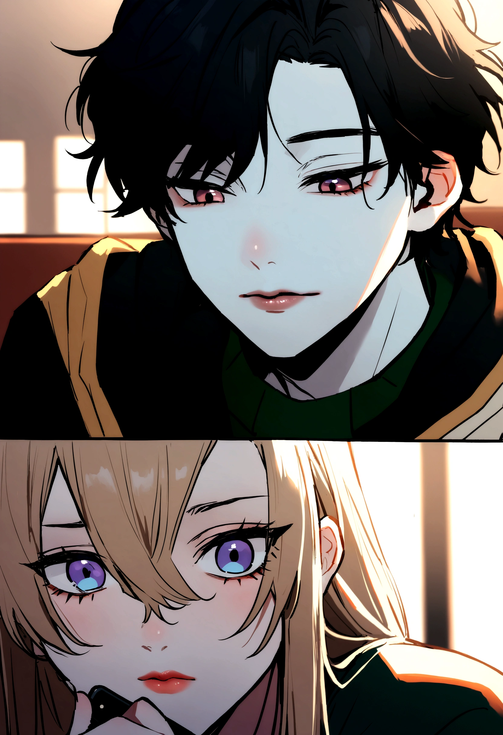 A ager in his 17 years with black hair a little long in the front , in highschool , little nose perfect actually , lips normal a little red , with pale skin a little beige , a face veru beautifull a handsome teen , atletic and on his phone , eyes a little siren and a m