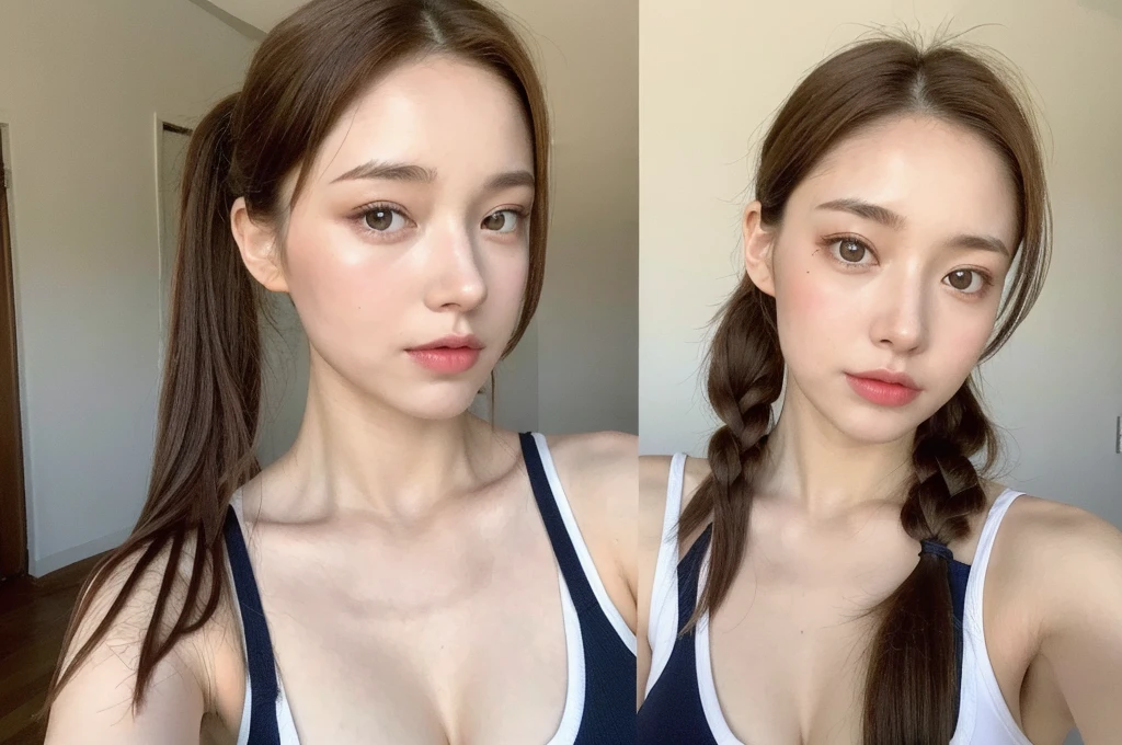 (lifelike, realistic, high resolution:1.3), 1 fille avec un corps parfait, Super fine face and eyes,Longhaire,pigtails, Very tight tank top in random colors:1.2, jupe courte, very big breasts,protruding breasts, Exposer le décolleté