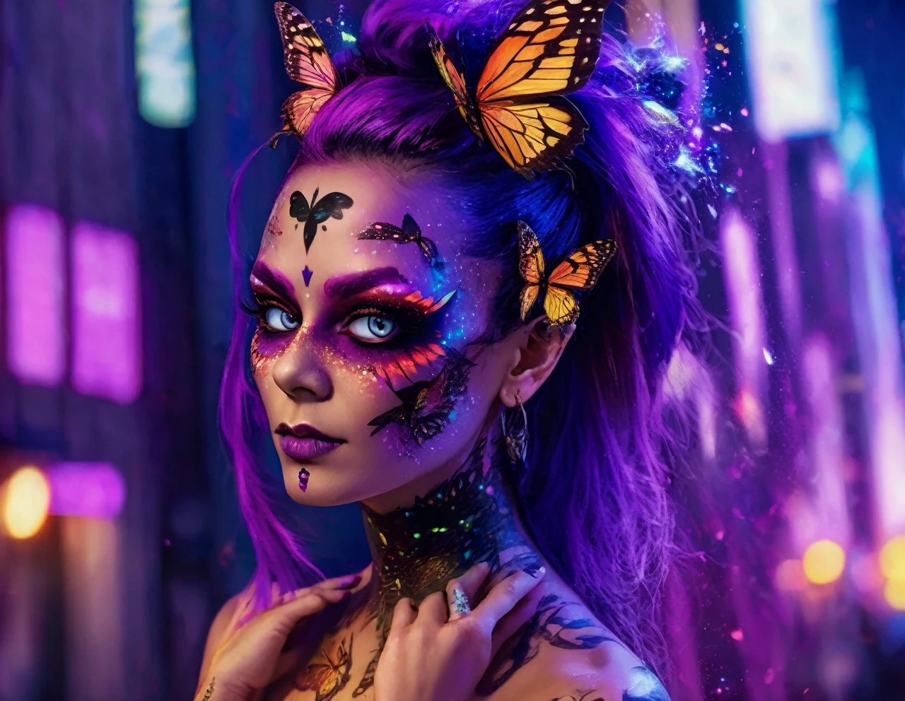 a gothic punk woman with purple skin, cat eyes, triple eyed makeup, butterfly wings on her head, tattoos of butterflies and aliens, dark dramatic lighting, moody color palette, (best quality,4k,8k,highres,masterpiece:1.2),ultra-detailed,(realistic,photorealistic,photo-realistic:1.37),intricate details,dramatic lighting,surreal,dark fantasy,dramatic atmosphere