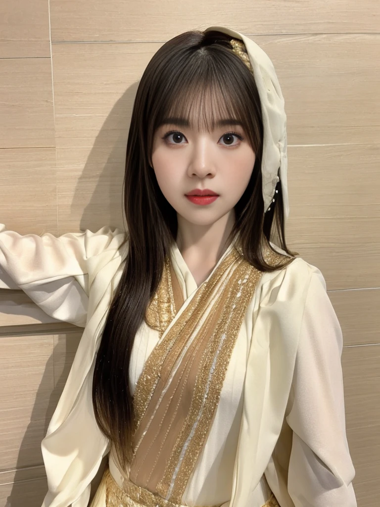 Highest quality, 8K, ,masterpiece :1.3)), In-person audience,((Whole body 1.2)) ,Beautiful woman, Wide Shot ,One girl, , Selfie , Black Hair, Brown Hair , bangs,Highly detailed face, Highly detailed lips, Fine grain, double eyelid
