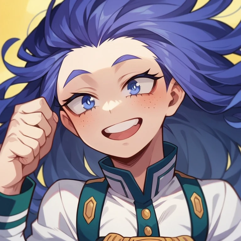 Screenshot of My Hero Academia, a girl with , long hair, almost black, blue with purple reflections., with sapphire blue eyes and purple shadow with a tender look with purple freckles and happy wearing the boku no hero academia UA style