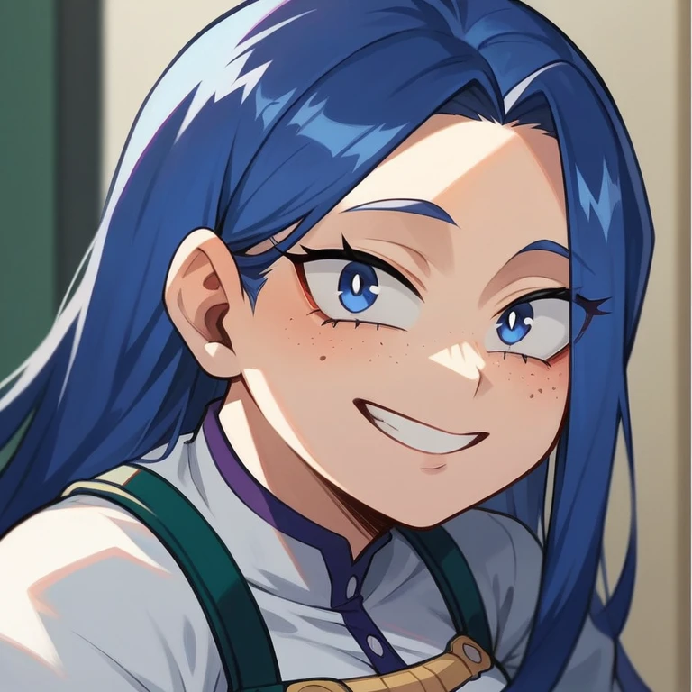 Screenshot of My Hero Academia, a girl with , long hair, almost black, blue with purple reflections., with sapphire blue eyes and purple shadow with a tender look with purple freckles and happy wearing the boku no hero academia UA style