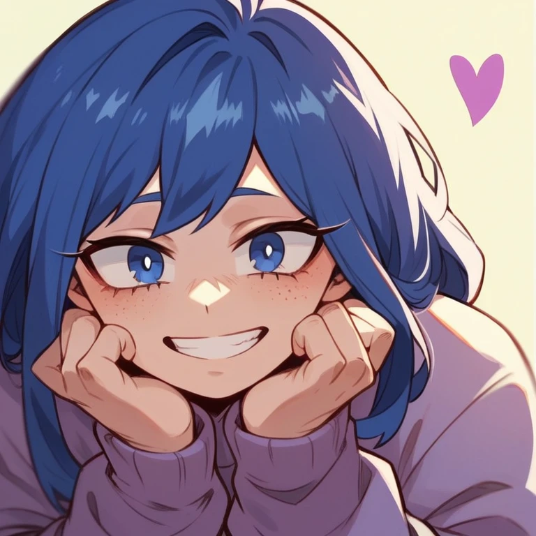 Screenshot of My Hero Academia, a girl with , long hair, almost black, blue with purple reflections., with sapphire blue eyes and purple shadow with a tender look with purple freckles and happy wearing the boku no hero academia UA style
