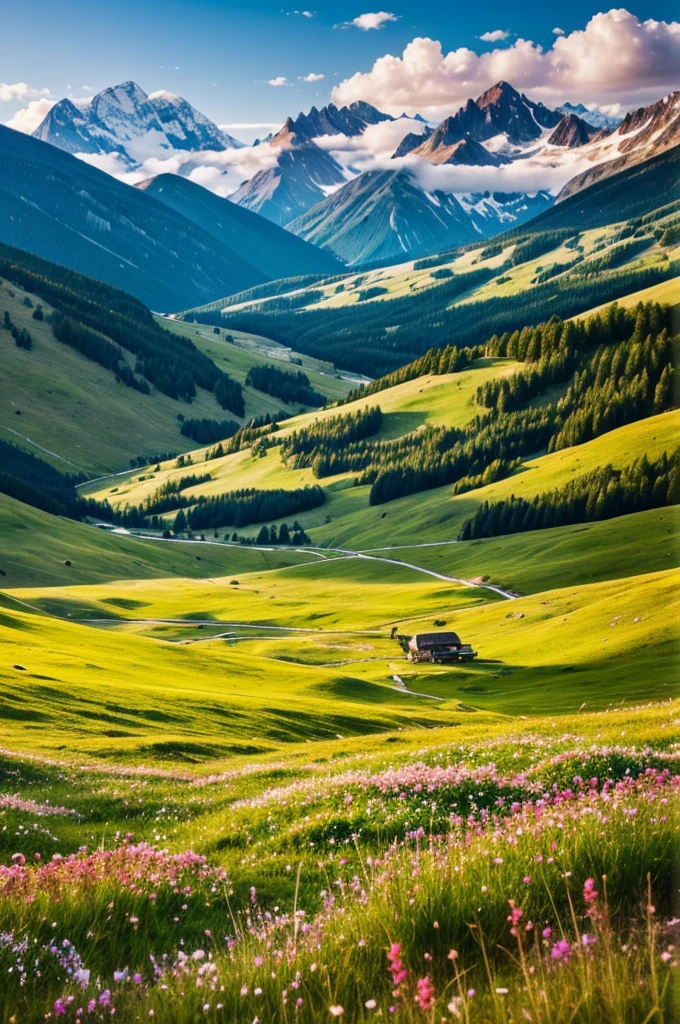 Create an image of a landscape with mountains grasslands , flowers and with a hamburger standing and happy saying how delicious it is about to begin