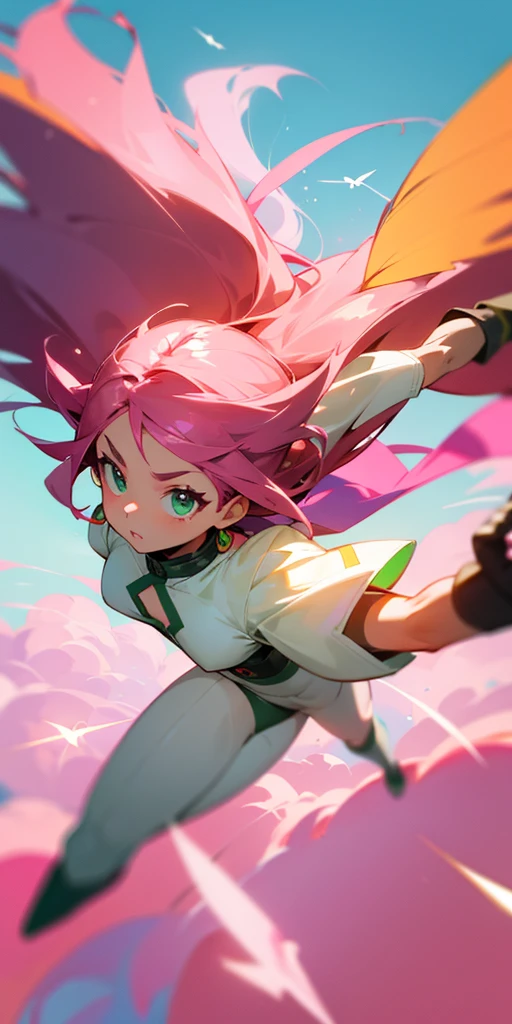 Cute brown Woman, with very pink hair, green eyes like light, flying, sky Background