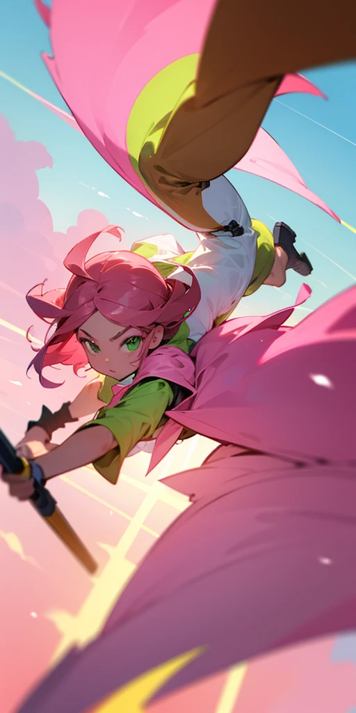 Cute brown Woman, with very pink hair, green eyes like light, flying, sky Background