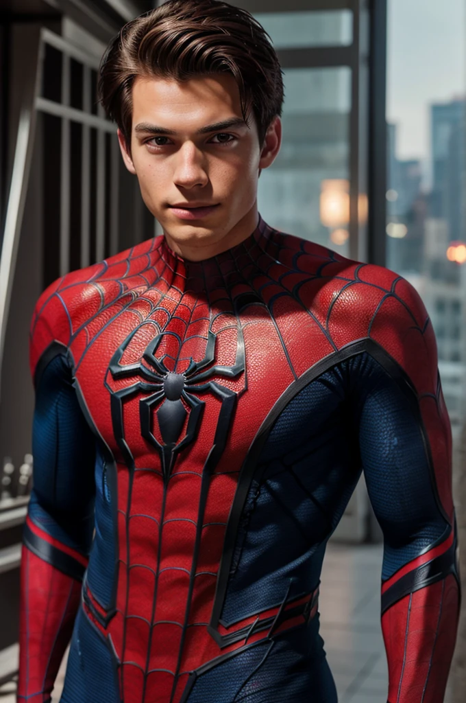 A photograph of spider man, no mask, 20 yo, handsome, detailed face, looking at camera, portrait, 8k uhd, high quality