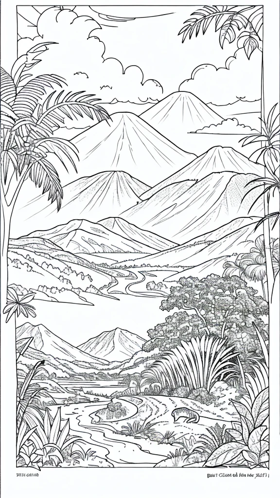 draw coloring book pages in black and white and color, jurassic dinosaurs, simple line, illustration, ink drawing, very visible thick outlines, clean lines, line art, clipart. Dinosaurs run in herds. In the background - mountains, jungle and ocean