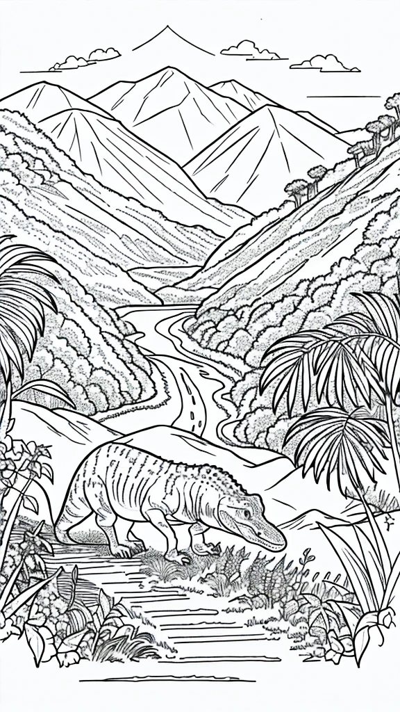 draw coloring book pages in black and white and color, jurassic dinosaurs, simple line, illustration, ink drawing, very visible thick outlines, clean lines, line art, clipart. Dinosaurs run in herds. In the background - mountains, jungle and ocean