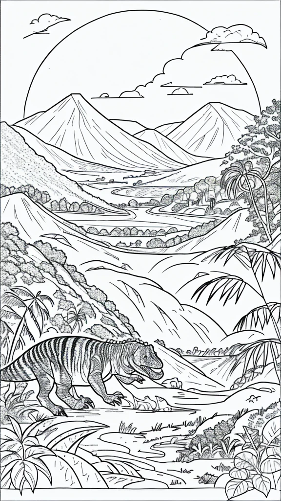 draw coloring book pages in black and white and color, jurassic dinosaurs, simple line, illustration, ink drawing, very visible thick outlines, clean lines, line art, clipart. Dinosaurs run in herds. In the background - mountains, jungle and ocean