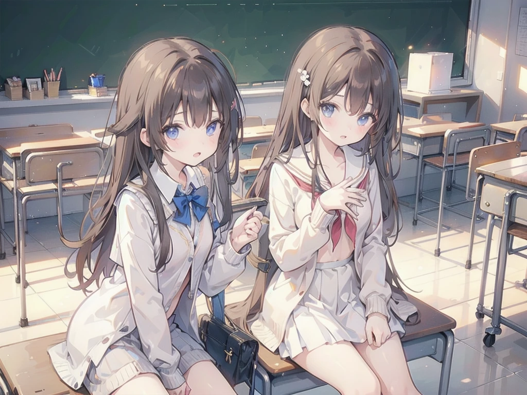 highest quality,masterpiece, ((2 girls:1.5)), (((nude))), ((1 boy)), ((fat man)), (cardigan)、eight-headed body, Put your knees on your chest:1.5,  ((classroom:1.5)),  Brown hair