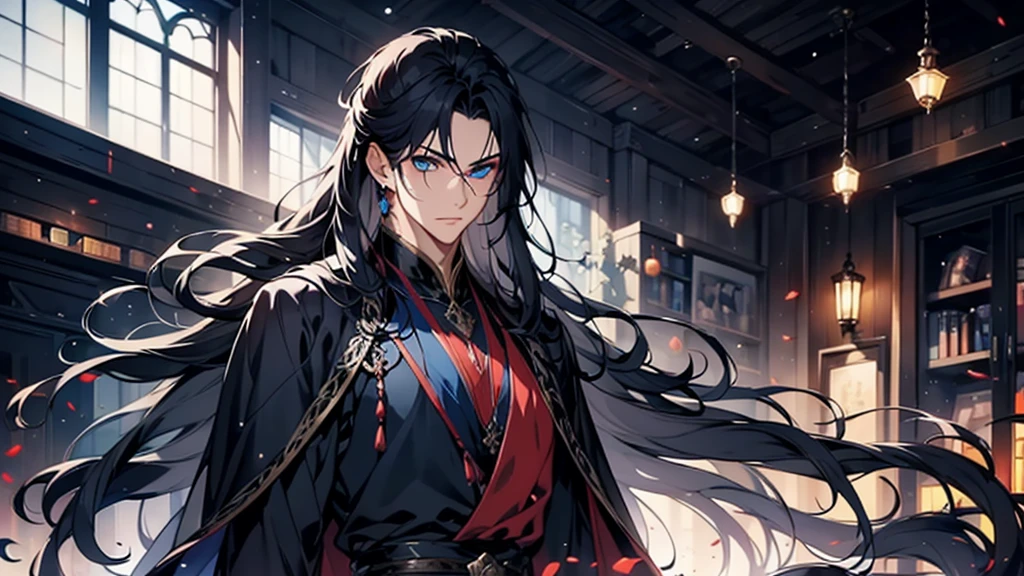 A man alone,Correct proportions,Facial details,Black robe,Clothing details,transfer,Long sleeve,Game quality,fencing,Ray Tracing,Ray Tracing,Delicate glow,CG Rendering,Hair details,Black long hair,blue eyes,Handsome,Handsome,(The feeling of youth),The costumes are complicated,Perfect composition,Refinement,high quality,More details,Lots of details,Complex background,Sense of atmosphere,