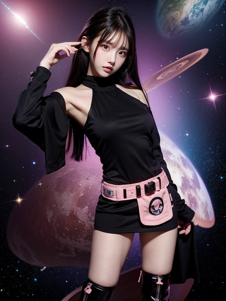 Beautiful woman wearing a dark and pink Wearing clothes mini dress with decorations on the shirt and visible shoulders and wearing boots and being photographed with a Outer space background And is on the planet ,Korean style swag, beautiful face so gorgeous, Beautiful eyes, y2k style