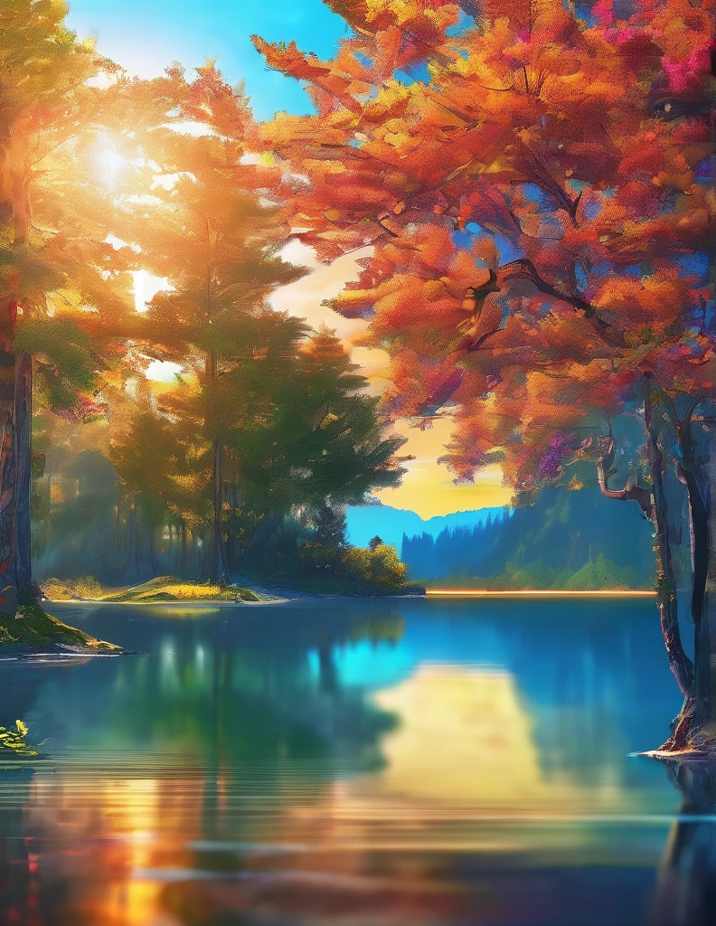 quality(8k wallpaper of extremely detailed CG unit, masterpiece, hight resolution, top-quality, top-quality real texture skin,hyper realisitic, digitial painting,increase the resolution,RAW photos,best qualtiy,highly detailed,the wallpaper),BREAK,8K, blue skys, sun, trees, flowers, lake